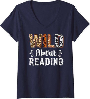 Wild About Reading Books Reader Lover Animals Leopard Ladies' V-Neck Tshirt