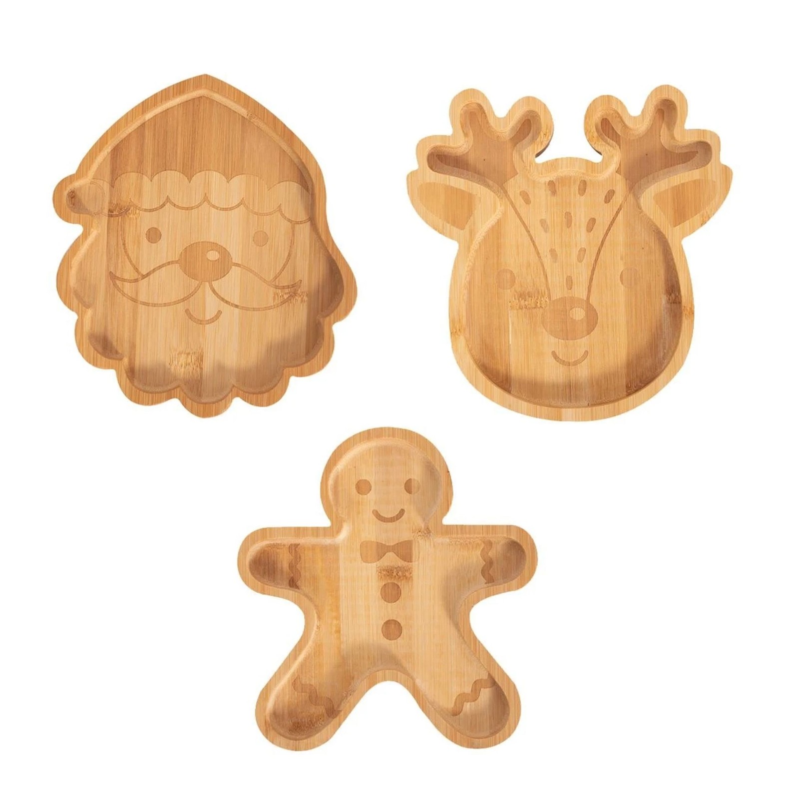 3 Wooden Christmas Snack Plates Festive Nibble Trays Santa Reindeer Gingerbread