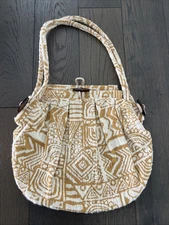 Vintage Yellow Cream Large Shoulder Bag Wooden Toggle Buttons