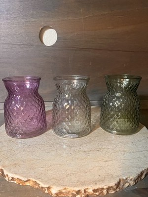 GREENBRIER INTERNATIONAL 3 FACETED GLASS VASES GREEN CLEAR AND PURPLE 5 X 4''