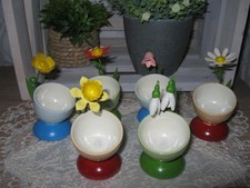 DDR  Erzgebirge 6x Holz Eierbecher mit Frühlingsblumen bunt,  60er Jahre