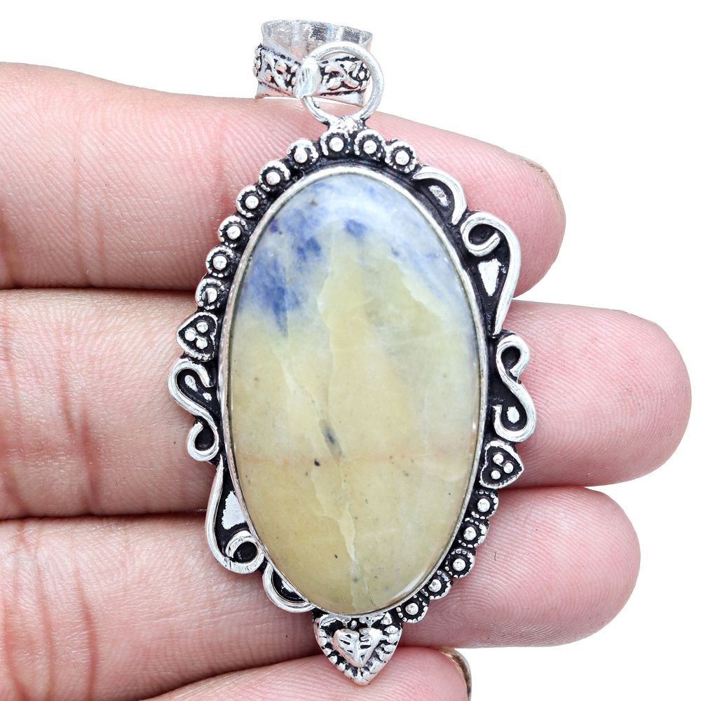 Sodalite Gemstone Silver Pendant Necklace Gift For Women 2.25 Inch