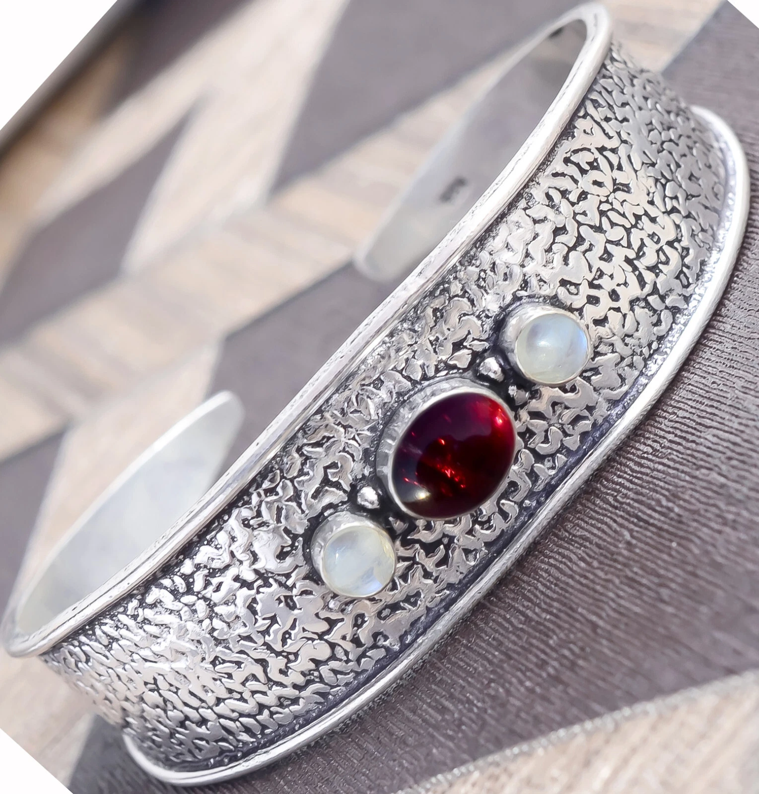 VALENTINO Bracciale Granato Rosso Pietra di Luna Gemma Argento Sterling 925 Bracciale Uomo Gioielli