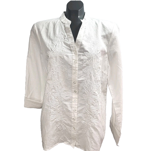Tweeds Blouse 100% Linen Shirt White Long Roll Tab Sleeve Embroirder Size XL NEW
