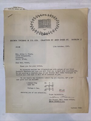 Brown Thomas, & Co. Ltd. Typed Letter 1969 Dept Store Dublin Ireland