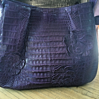 Nancy Gonzalez Purple Crocodile Handbag with Layered Cut Flower