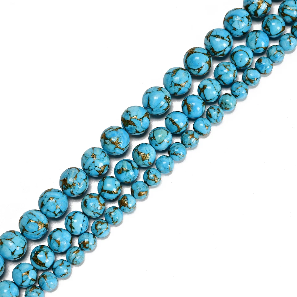 Natural Mohave Copper Blue Turquoise Smooth Round Beads 6mm 8mm 10mm 15.5'' Strd - Image 3 of 3