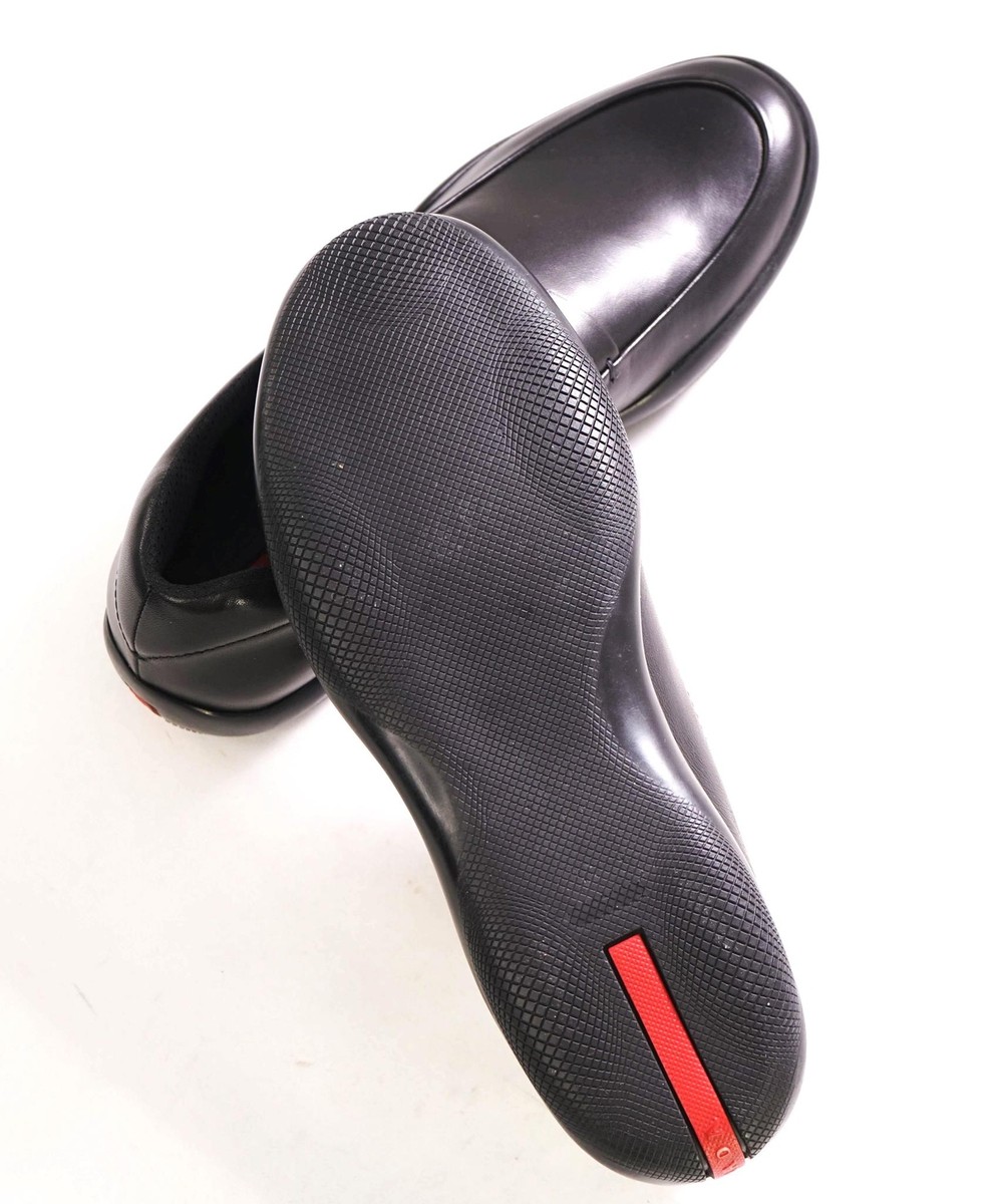 $850 PRADA - *LINEA ROSSA* Black Slip On Logo Vamp Loafer  display picture 3