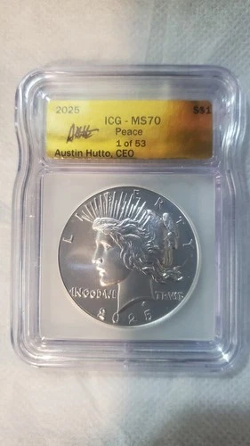 2025-P Uncirculated Peace Silver Dollar ICGMS70 (Perfect Grade) Gold Label 1-53