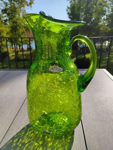 12" Tall Green Crackle Glass Pitcher With Drop Over Handle By Blenko Labeled