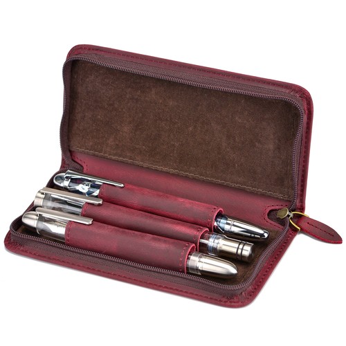 3 Slots Vintage Handmade Crazy Horse Leather Fountain Pen Case, Wine Red - Picture 1 of 5
