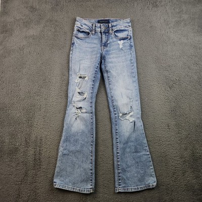 Aeropostale Jeans Womens 000 W24 L30 Blue Low Rise Flare Stretch Distress Denim