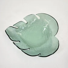 Annie Glass Signed Large Leaf Bowl Art USA L300GR Sculpture Platter Centerpiece