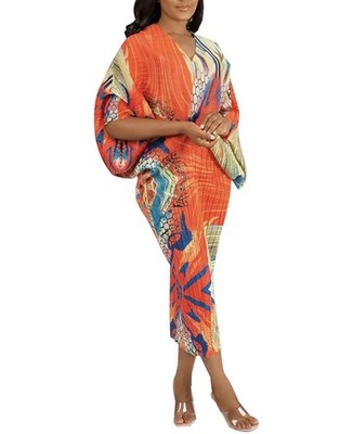 Fashion Pleated Dress Womens Batwing Sleeve V Neck Loose Long Floral Dress OS
