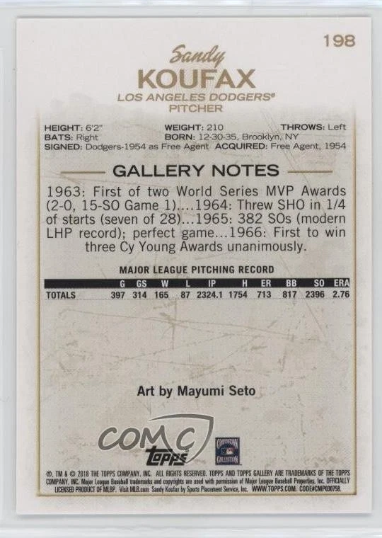 2018 Topps Gallery Short Print Sandy Koufax #198 HOF - Image 2 of 2