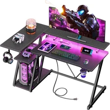 Korfile 40 Inch Gaming Desk with Power Outlet & LED Lights, L Shaped Computer...