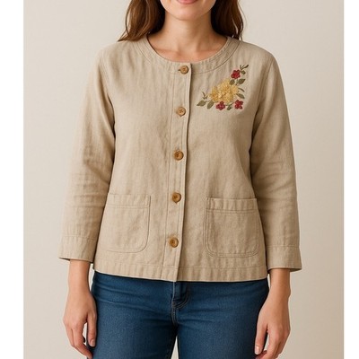 Classic Elements Sz M Linen Blend Floral Embroidered Button Up Minimalist Top