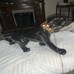 Vintage MCM Black Ceramic Panther Crystal Green Eyes and Gold Details 19”