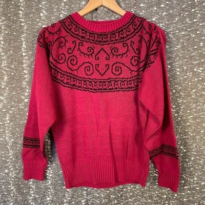 Vintage IFI Hot Pink Knit Pullover Sweater Retro Geometric Womens