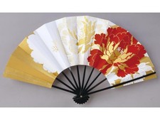 Japanese Mai Ogi Folding Fan Red Peony Flower Black 11.4in Kyoto Sensu