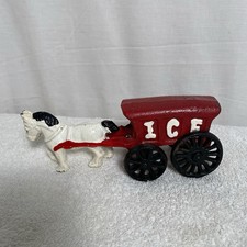 Vintage Cast Iron Black White Horse Drawn Red Ice Cart Buggy Wagon Toy