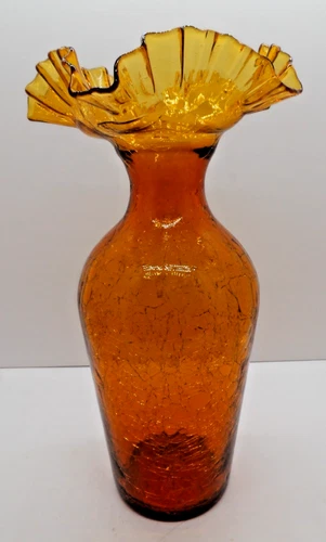 Vintage Crackle Glass Vase Ruffle Top 14" Tall / Pontil Base, Possibly Blenko?