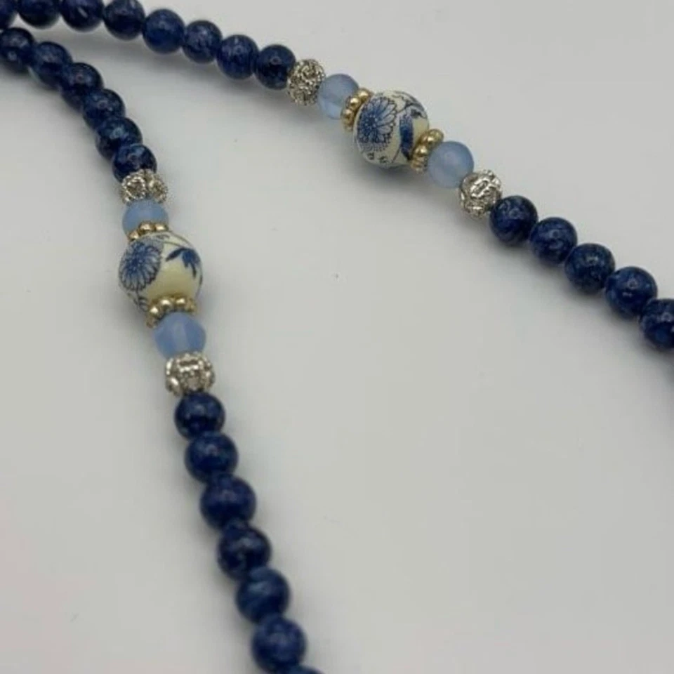 1928 Necklace Brooch Set Silver Tone Blue Enamel Ornate 32" ONE BEAD MISSING - Image 4 of 4