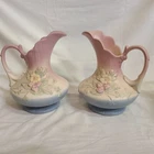 Pair VINTAGE HULL ART POTTERY WILD FLOWERS PITCHER W-11-8 1/2 USA Pink Green