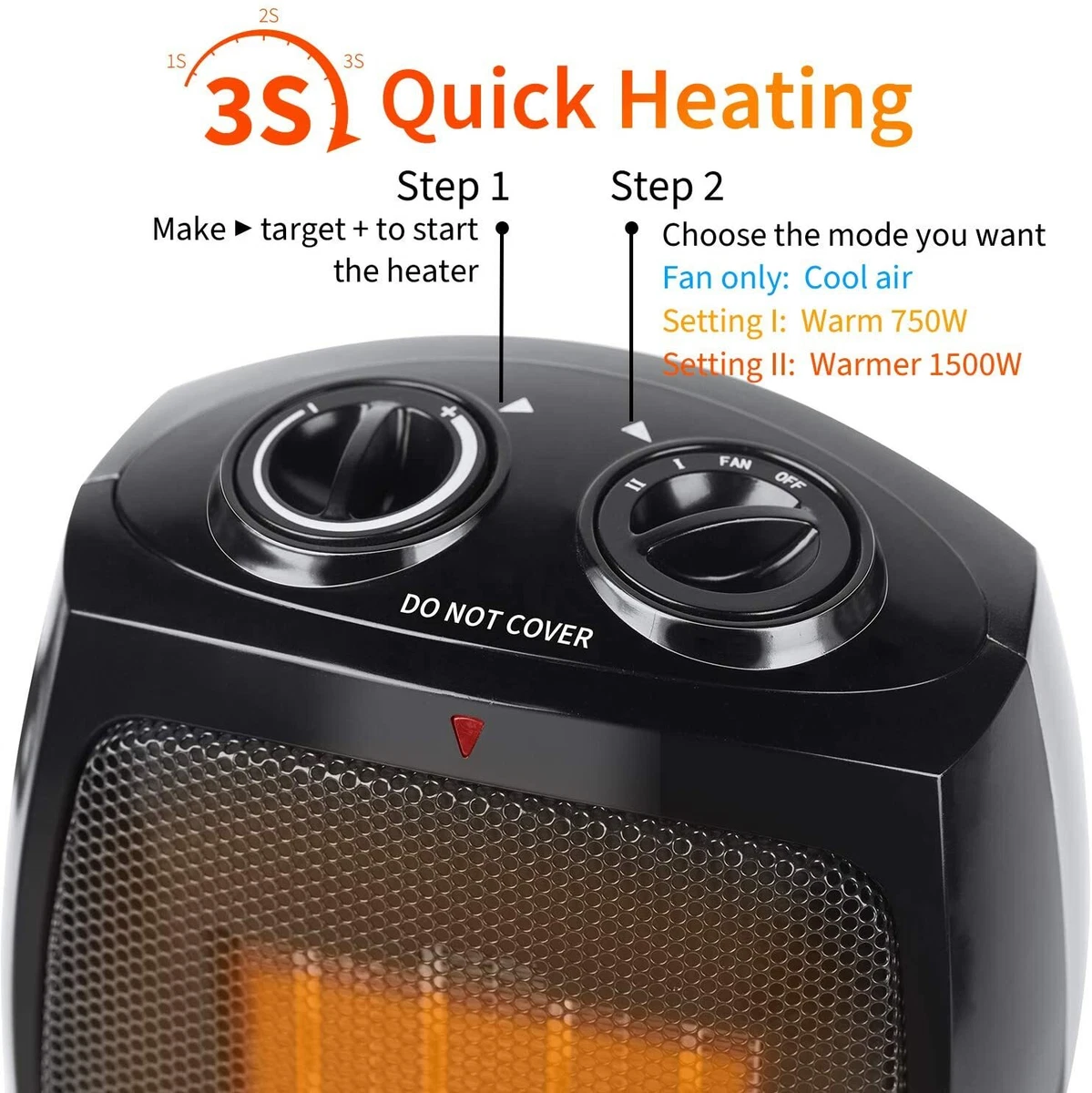 Small Space Heater Electric Portable Heater Fan for Home Office 750W/1500W  Black | eBay