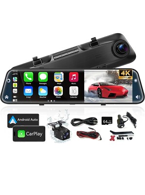 4K Rear View Mirror Camera with Carplay&Android Auto,12'' Mirror Dash Cam Fron...