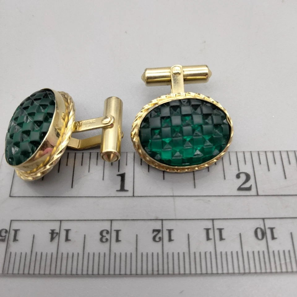Christian Dior Cuff Links Bullet Style Green Checkered Acrylic Gold Tone VTG 80s - Image 4 of 4