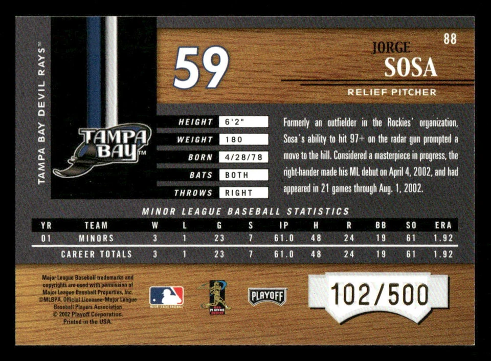 2002 Playoff Piece of the Game Jorge Sosa SN,RC Rookie #88 Card #/500 - Image 2 of 2