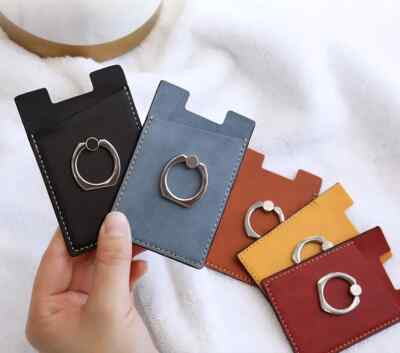 Leather Cell Phone Card Holder Pouch Wallet with Finger Ring Holder