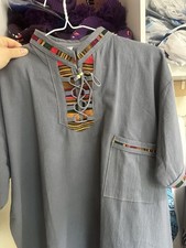 Gray Dashiki Men's Cotton Shirt with Colorful Trim and Lace-Up Neckline