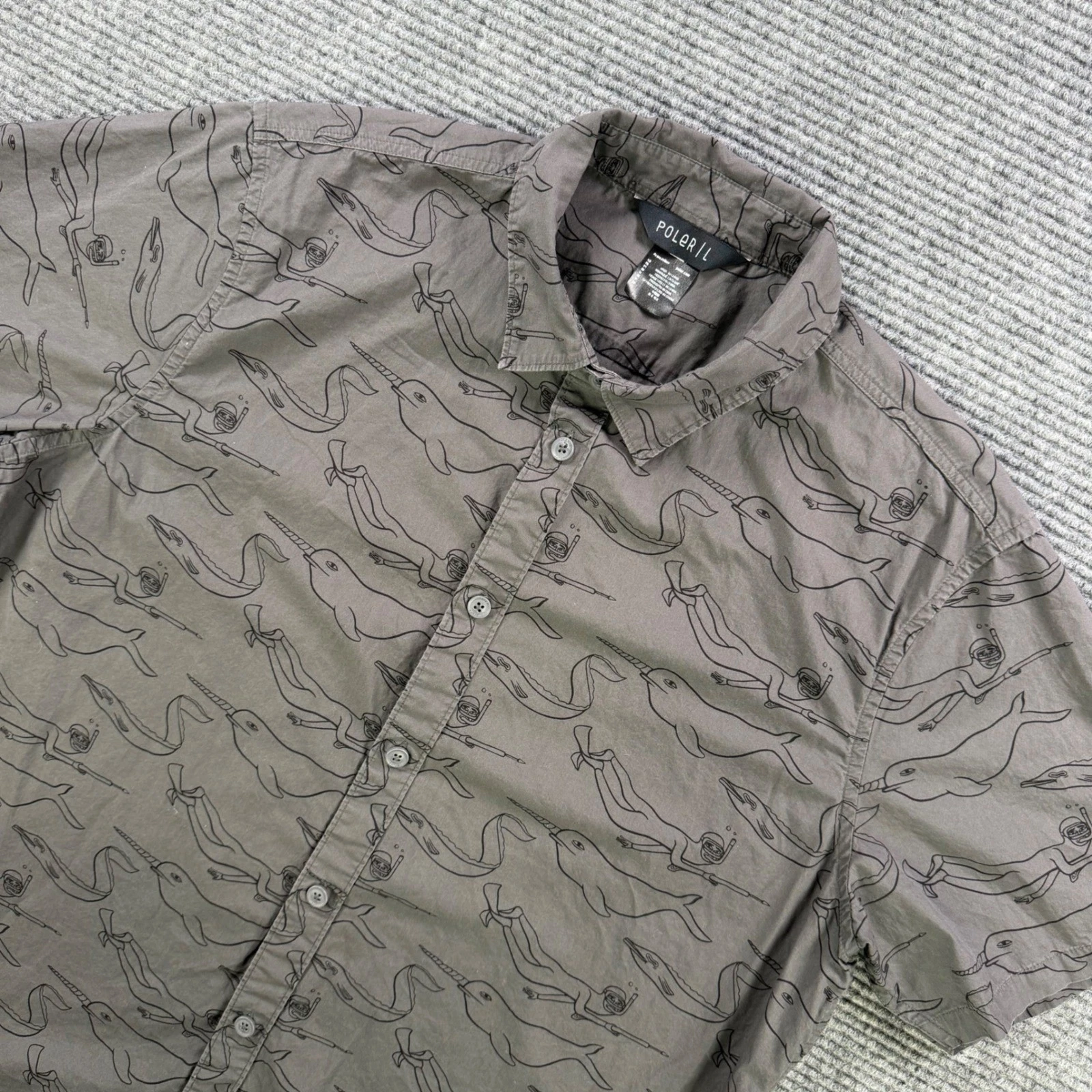 Poler Stuff Mens Large Gray Narwhal Scuba Diver Short Sleeve Button Up Shirt