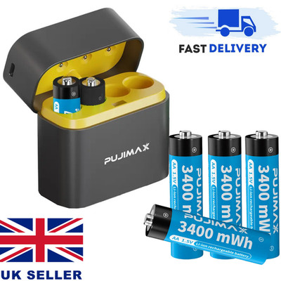AA Wiederaufladbare 4er Pack 3400mWh Lit-Ion Akkus mit 4 Steckplätzen Akku Ladegerät Box
