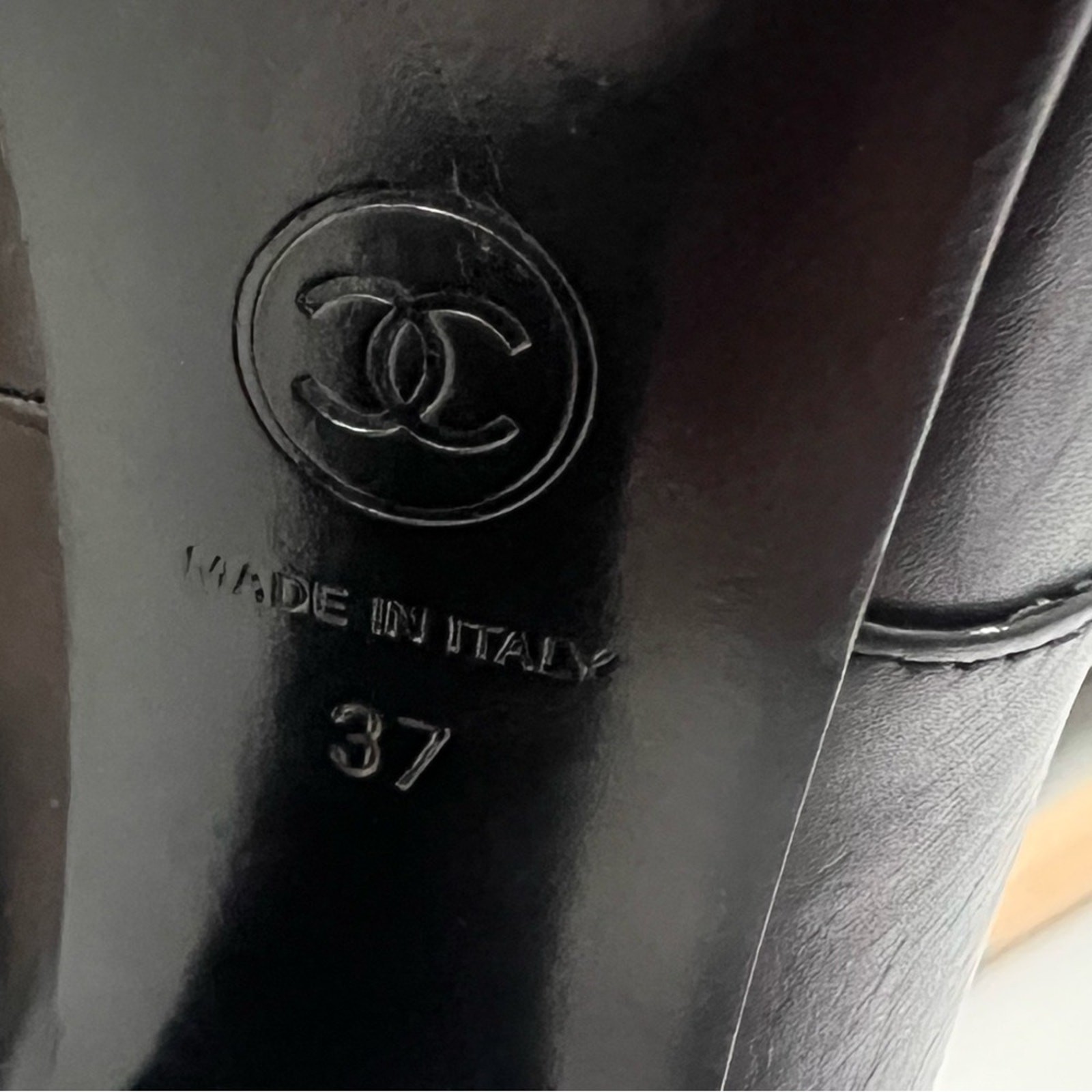 CHANEL | Black Leather Knee High Heel Boots CC Logo Turnlock EU 37 thumbnail 11