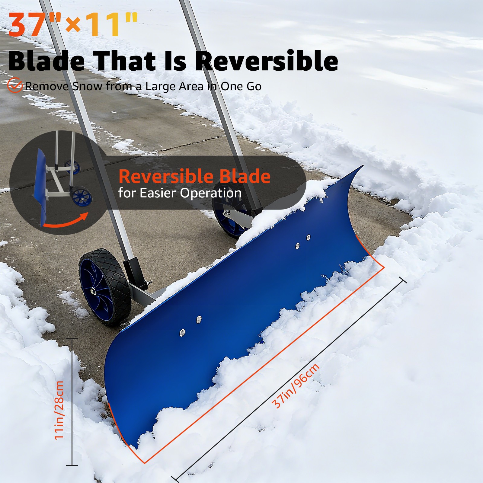 ‌37" Steel Snow Plow - Wheeled, Angled Blade, Back-Saver