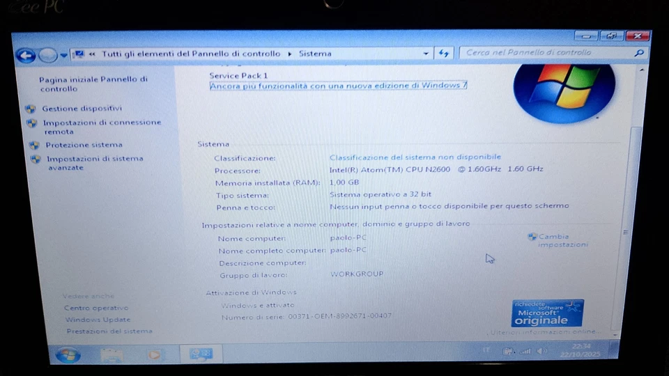 💻 ASUS Eec PC  Netbook SSD  990gb SSD e 1GB di Ram WIN 7  - Immagine 3 di 4