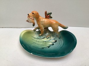 Vintage Napco Golden Retriever Dog with bird Porcelain Figurine Trinket dish