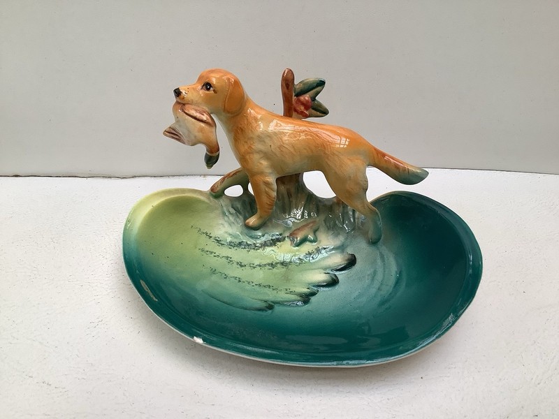 Vintage Napco Golden Retriever Dog with bird Porcelain Figurine Trinket dish