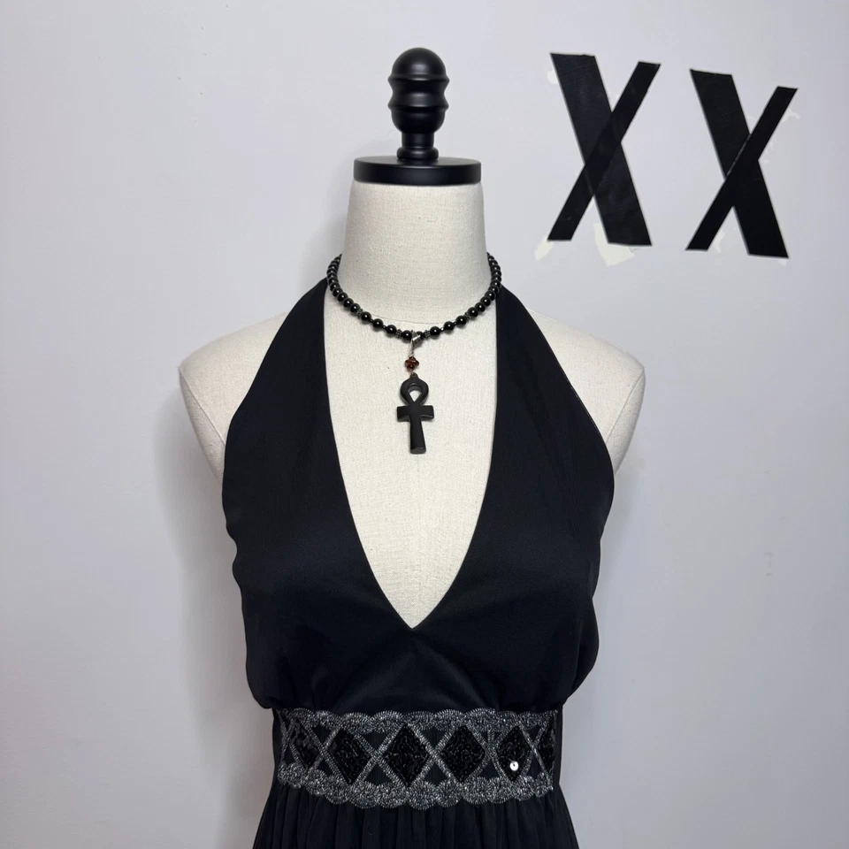 Vestido halter babydoll vintage negro en capas • Midi caprichoso fiesta de hadas Y2K 14 Foto 3 de 4
