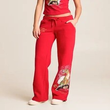 Ed Hardy Women's Tiger Mountain Y2K Sweatpants Red 204995 NWT