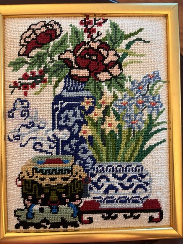 Vtg Needlepoint Embroidery Flowers Wood Framed Art Cottagecore Grannycore