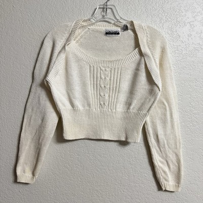 Vintage Y2K Sweater Ivory Small Cropped Cable Knit Babydoll *stains