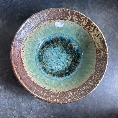 Rustic Artist Stoneware Pottery Bowl w/ Crystalline Glaze Fused Glass Center