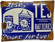 RARE Vintage TEJ Batteries Power for Everyone Porcelain Enamel Sign 8x6" Adverti