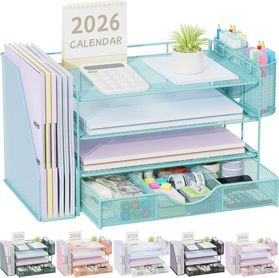 Desk Organizers and Accessories with File Holder, 4-Tier Desk Accessories & Work