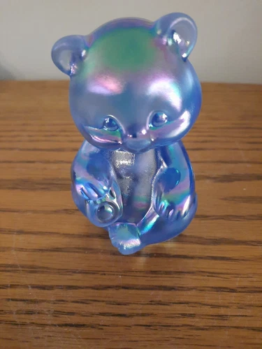 Fenton Art Glass Iridescent Opalescent Misty Blue Glass Sitting Bear Figurine