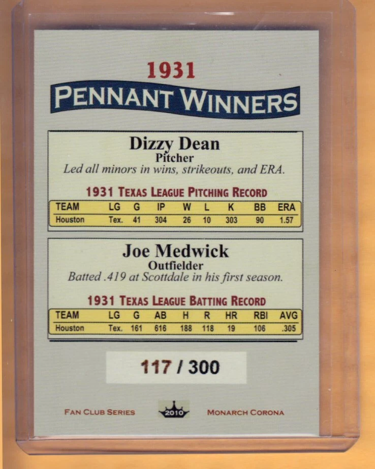 Dizzy Dean & Joe Medwick, '31 Houston Fan Club serial # /300 / NM+ cond. - Image 2 of 2